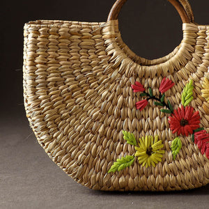Beige - Handcrafted Natural Water Reed Embroidered Hand Bag