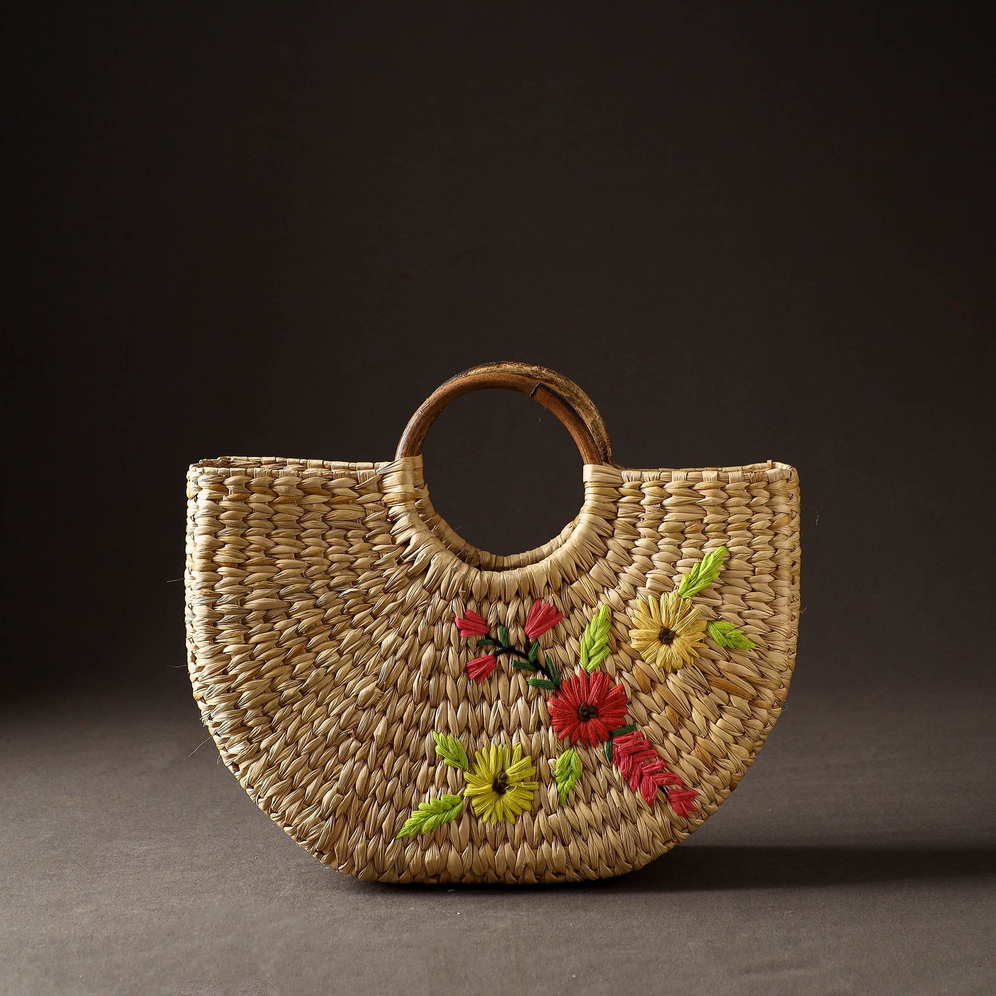 Beige - Handcrafted Natural Water Reed Embroidered Hand Bag