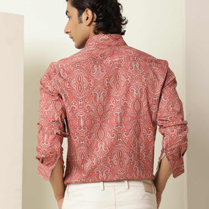 Rare Rabbit Men's Moire Red Cotton Fabric Paisley Print Full Sleeves Shirt