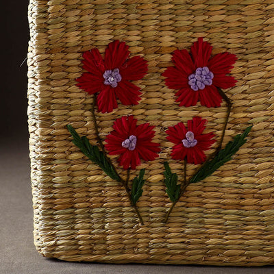 Beige - Handcrafted Natural Water Reed Embroidered Shopping Bag