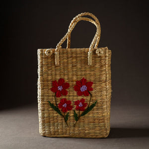 Beige - Handcrafted Natural Water Reed Embroidered Shopping Bag