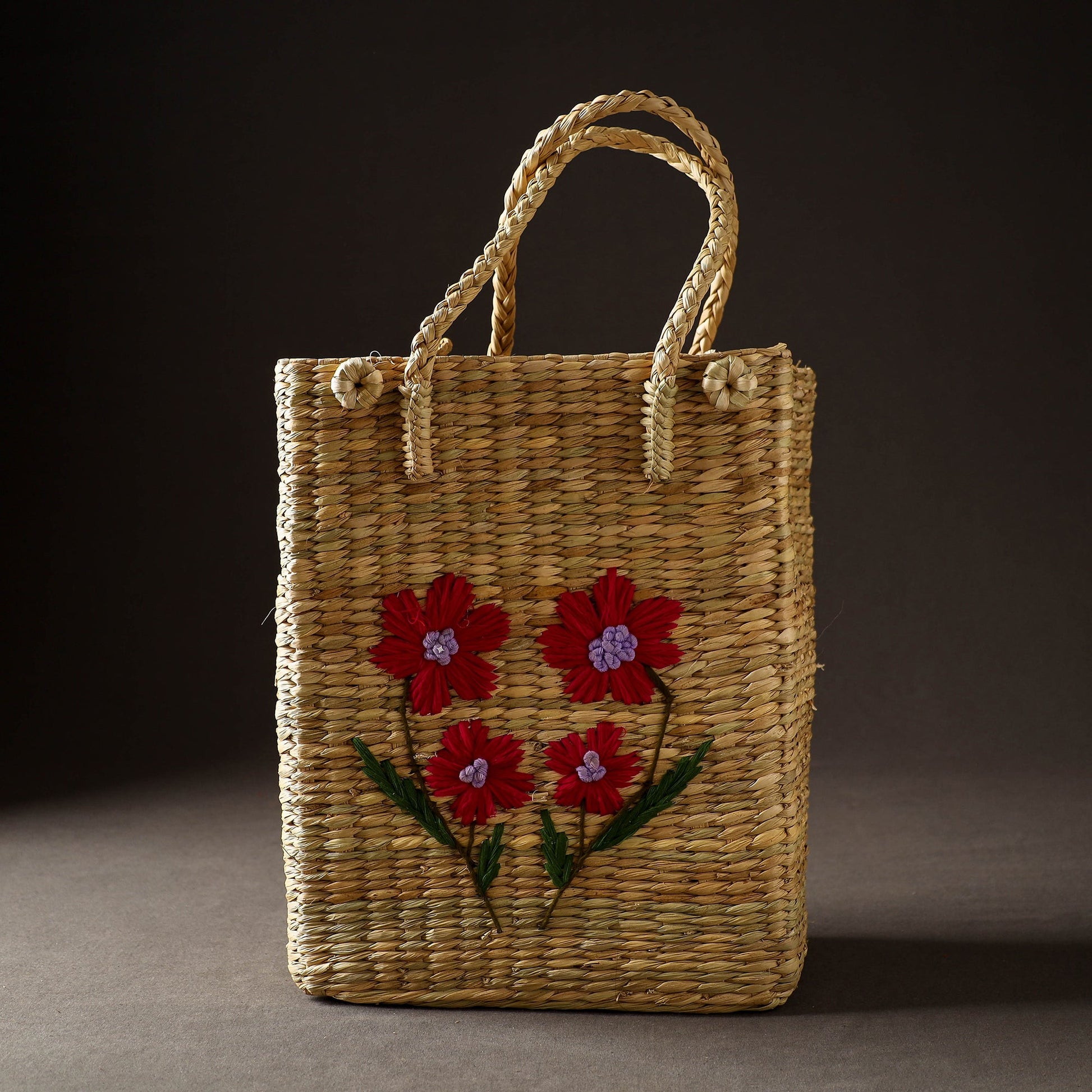 Beige - Handcrafted Natural Water Reed Embroidered Shopping Bag