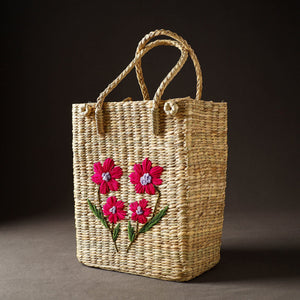 Beige - Handcrafted Natural Water Reed Embroidered Shopping Bag