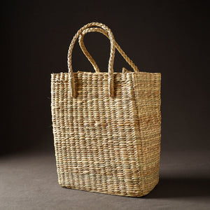 Beige - Handcrafted Natural Water Reed Embroidered Shopping Bag