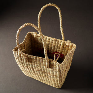 Beige - Handcrafted Natural Water Reed Embroidered Shopping Bag