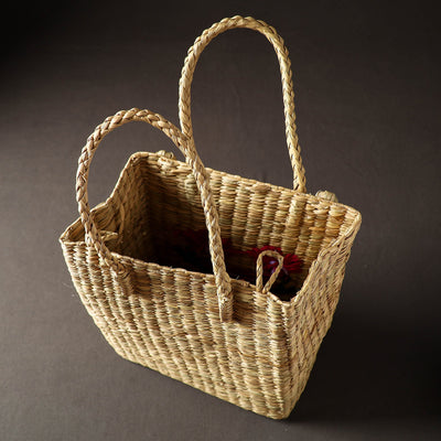 Beige - Handcrafted Natural Water Reed Embroidered Shopping Bag