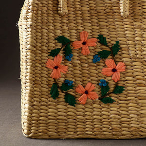 Beige - Handcrafted Natural Water Reed Embroidered Shopping Bag