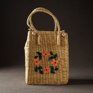Beige - Handcrafted Natural Water Reed Embroidered Shopping Bag