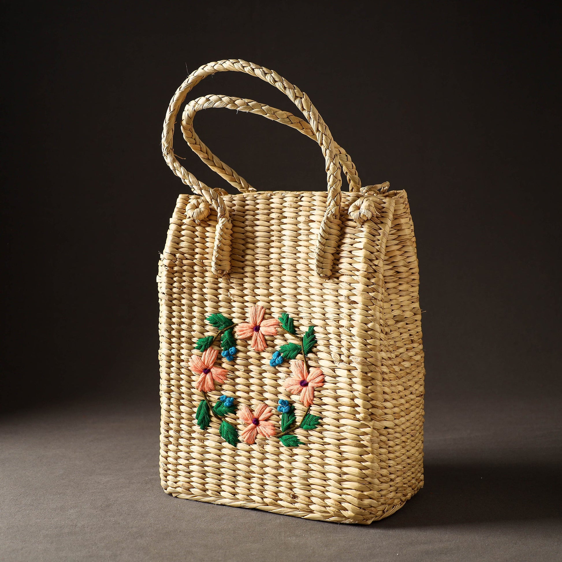 Beige - Handcrafted Natural Water Reed Embroidered Shopping Bag