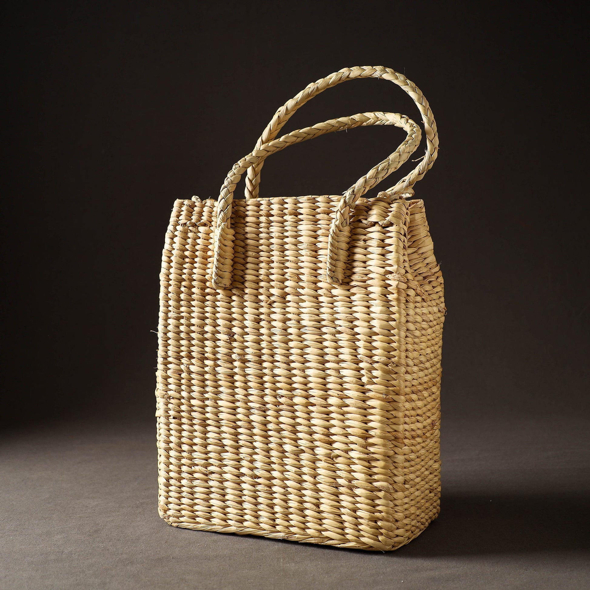 Beige - Handcrafted Natural Water Reed Embroidered Shopping Bag