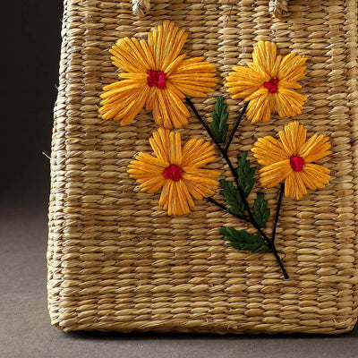 Beige - Handcrafted Natural Water Reed Embroidered Shopping Bag