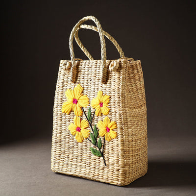 Beige - Handcrafted Natural Water Reed Embroidered Shopping Bag
