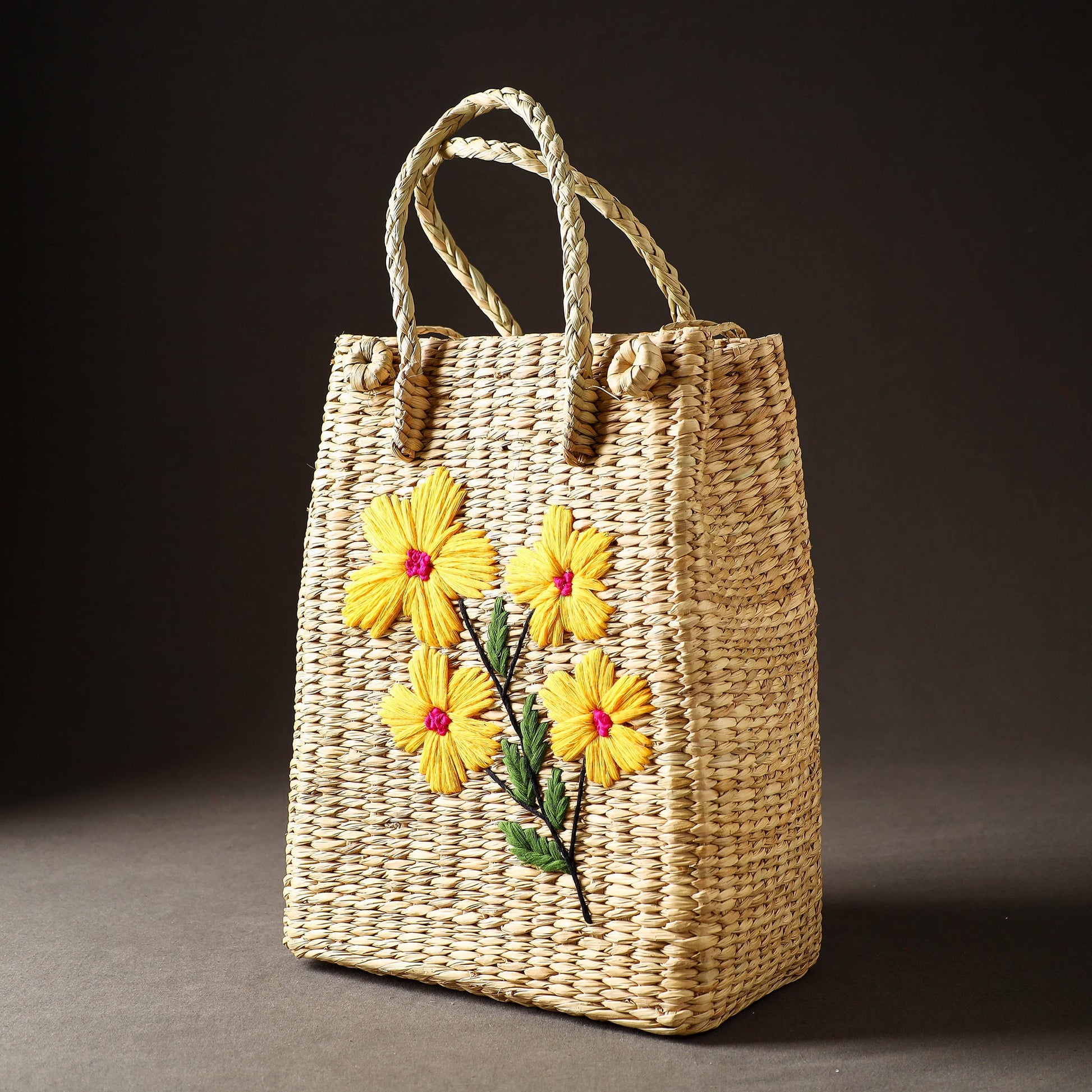 Beige - Handcrafted Natural Water Reed Embroidered Shopping Bag