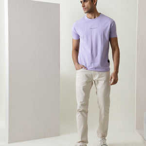 Rare Rabbit Men's Rabbi Light Purple Cotton Lycra Fabric Crew Neck Half Sleeves Regular Fit Rare Branding Solid T-Shirt