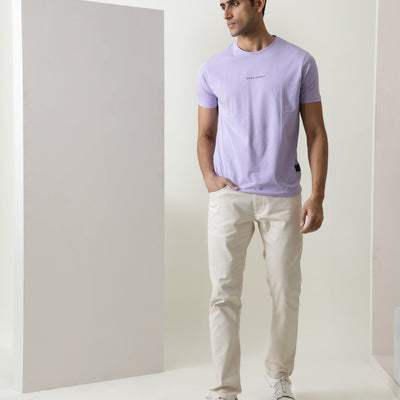 Rare Rabbit Men's Rabbi Light Purple Cotton Lycra Fabric Crew Neck Half Sleeves Regular Fit Rare Branding Solid T-Shirt