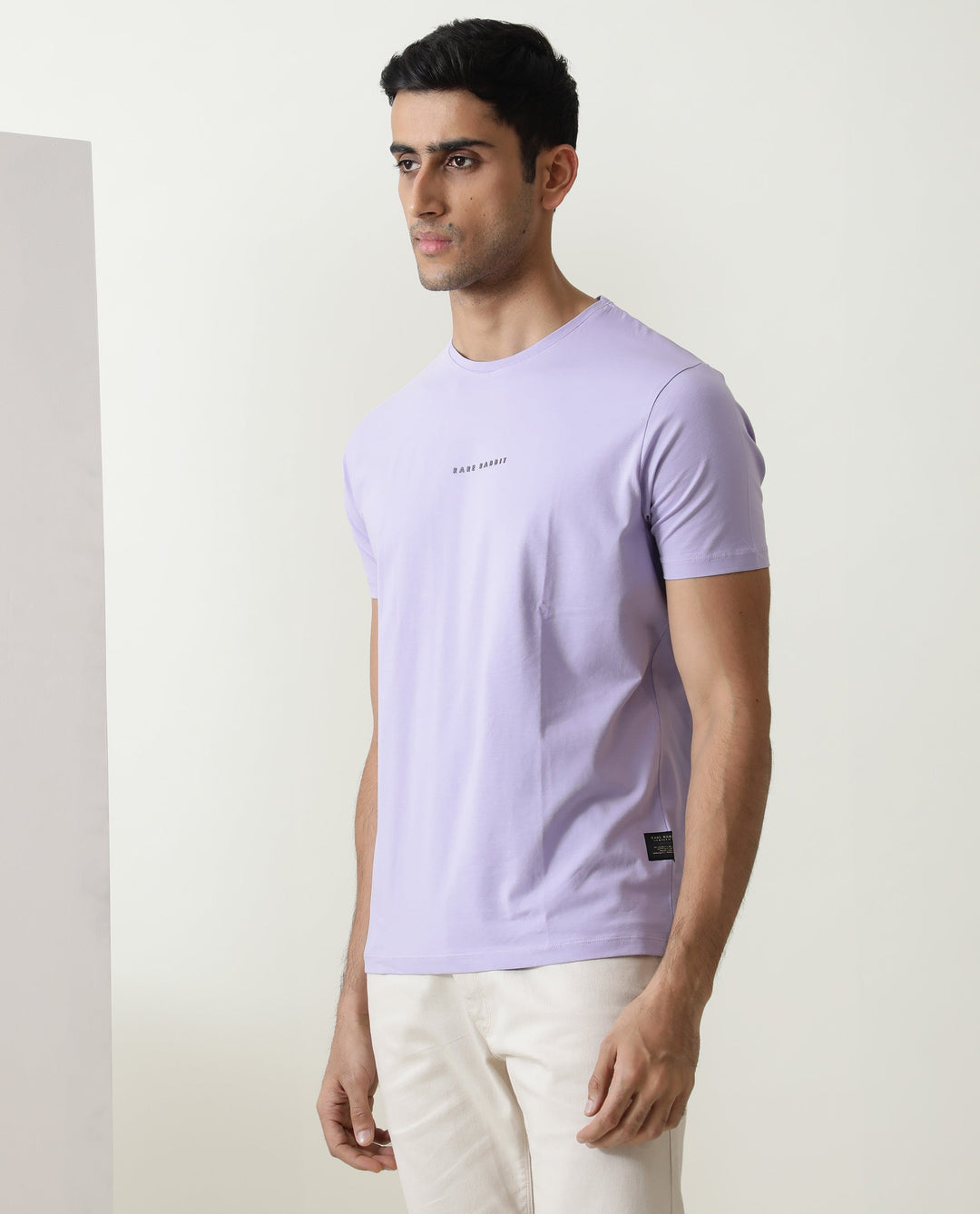 Rare Rabbit Men's Rabbi Light Purple Cotton Lycra Fabric Crew Neck Half Sleeves Regular Fit Rare Branding Solid T-Shirt