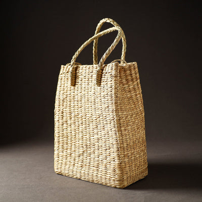 Beige - Handcrafted Natural Water Reed Embroidered Shopping Bag