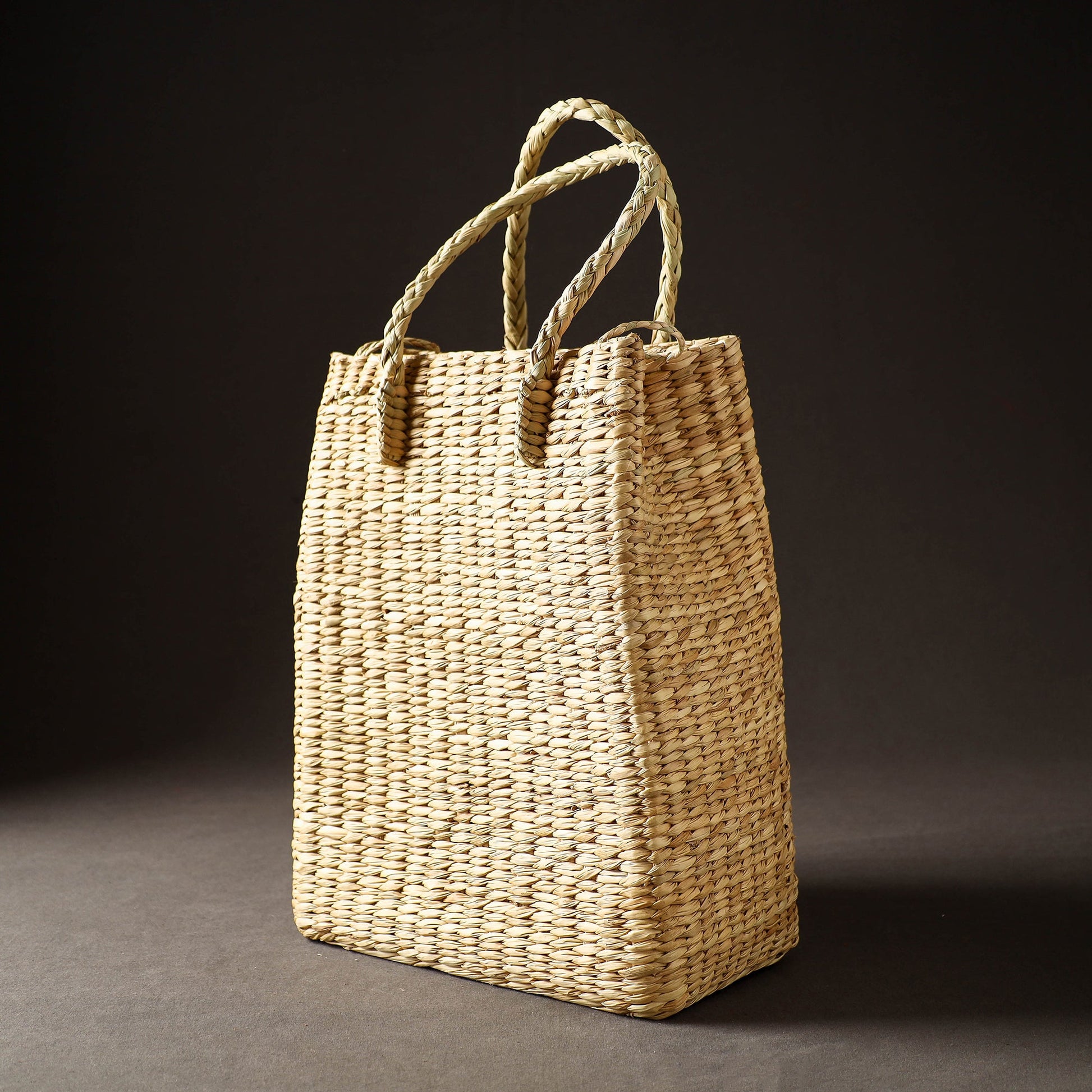Beige - Handcrafted Natural Water Reed Embroidered Shopping Bag