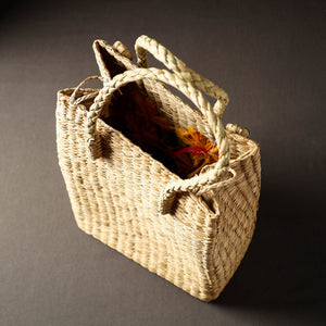 Beige - Handcrafted Natural Water Reed Embroidered Shopping Bag