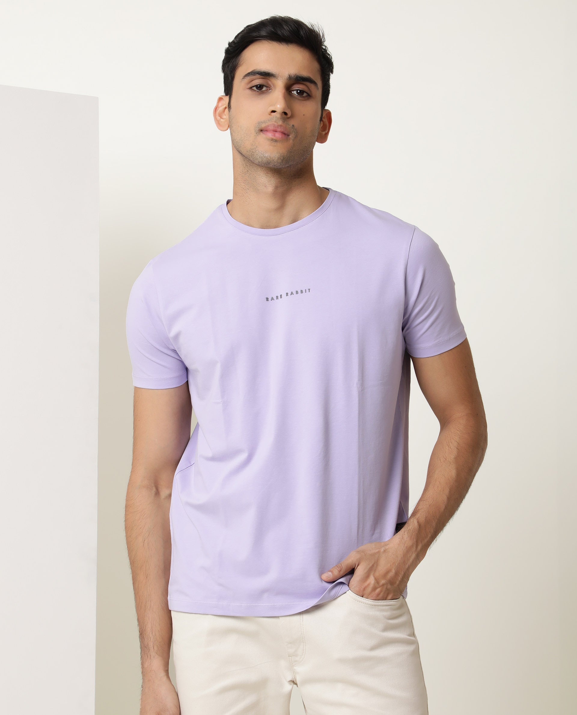 Rare Rabbit Men's Rabbi Light Purple Cotton Lycra Fabric Crew Neck Half Sleeves Regular Fit Rare Branding Solid T-Shirt