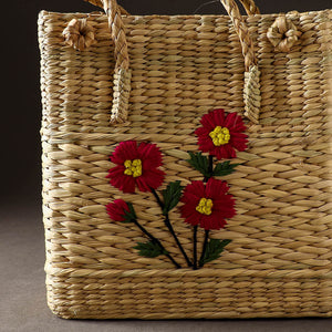 Beige - Handcrafted Natural Water Reed Embroidered Shopping Bag