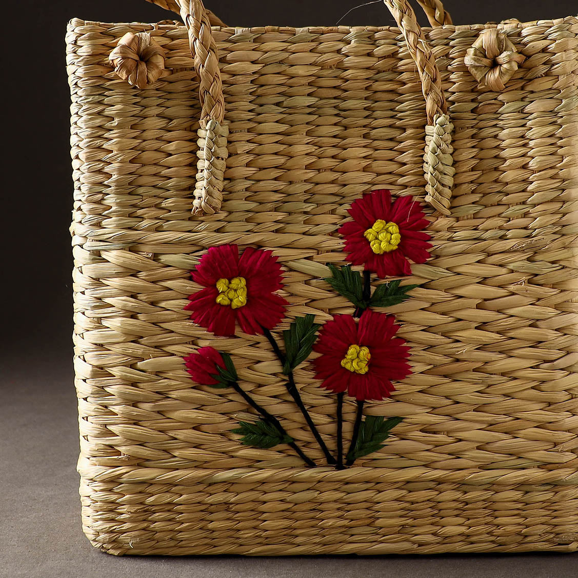 Beige - Handcrafted Natural Water Reed Embroidered Shopping Bag