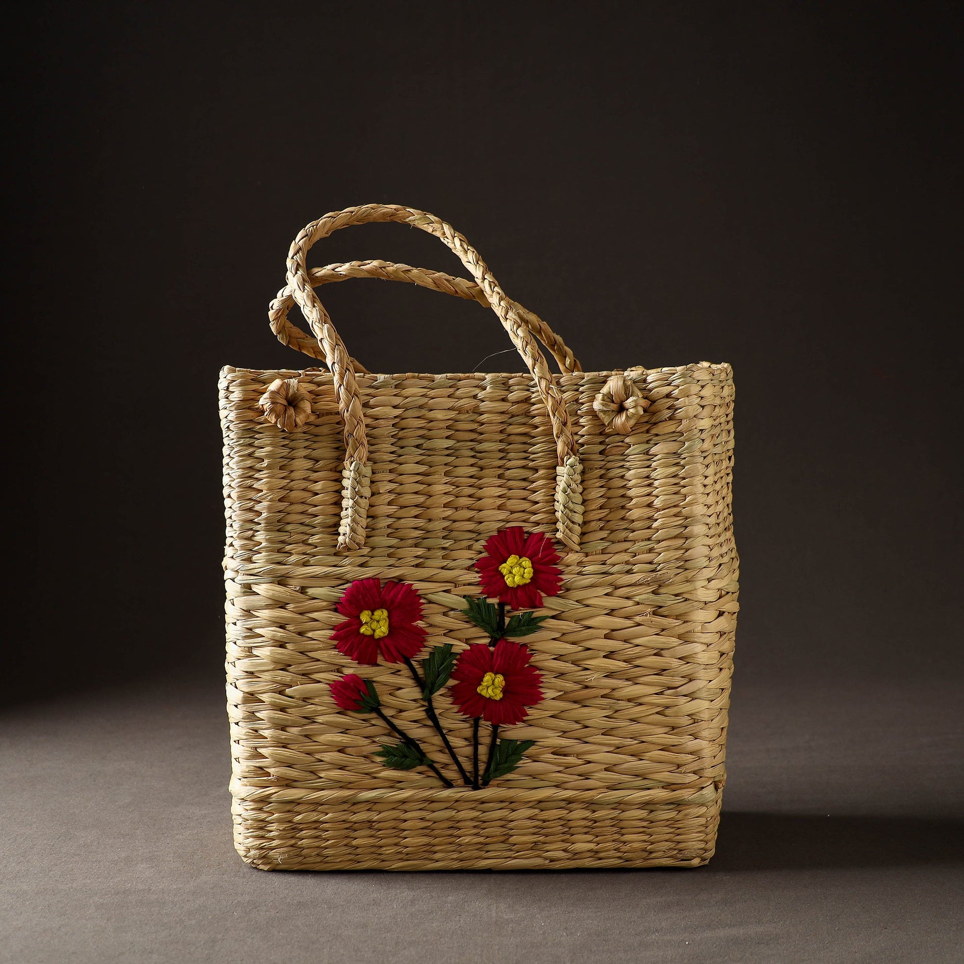 Beige - Handcrafted Natural Water Reed Embroidered Shopping Bag