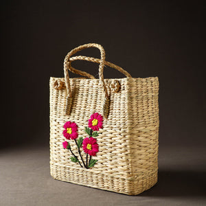 Beige - Handcrafted Natural Water Reed Embroidered Shopping Bag