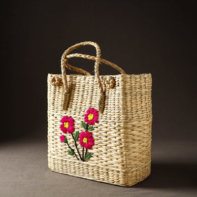 Beige - Handcrafted Natural Water Reed Embroidered Shopping Bag