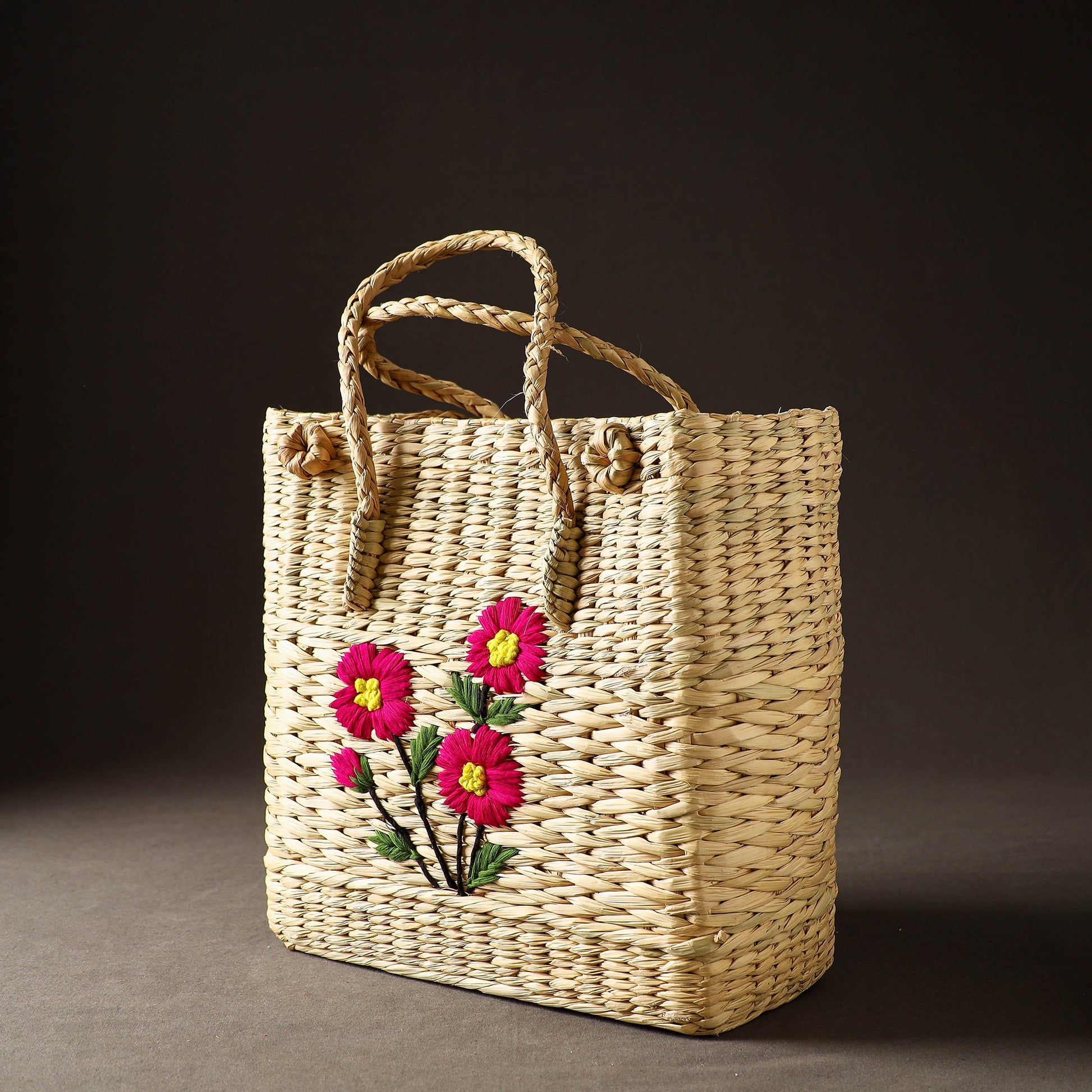 Beige - Handcrafted Natural Water Reed Embroidered Shopping Bag