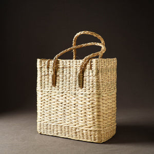 Beige - Handcrafted Natural Water Reed Embroidered Shopping Bag