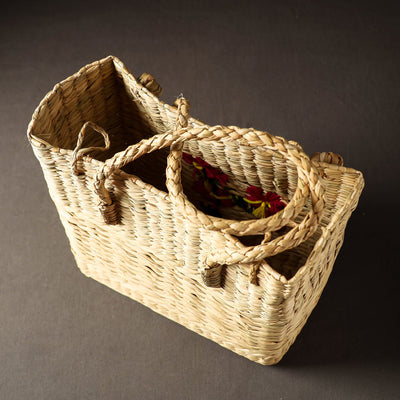 Beige - Handcrafted Natural Water Reed Embroidered Shopping Bag