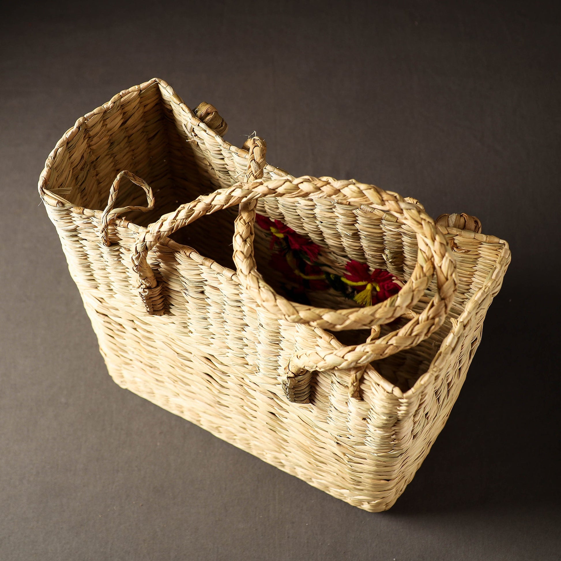 Beige - Handcrafted Natural Water Reed Embroidered Shopping Bag
