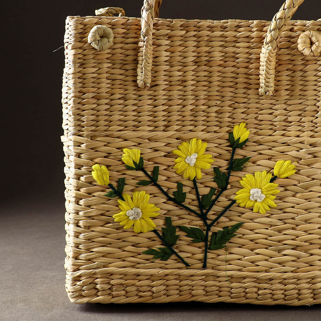 Beige - Handcrafted Natural Water Reed Embroidered Shopping Bag