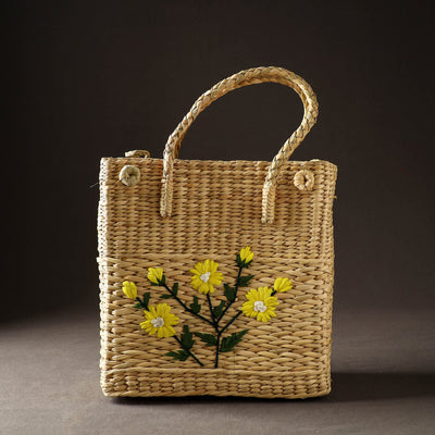Beige - Handcrafted Natural Water Reed Embroidered Shopping Bag