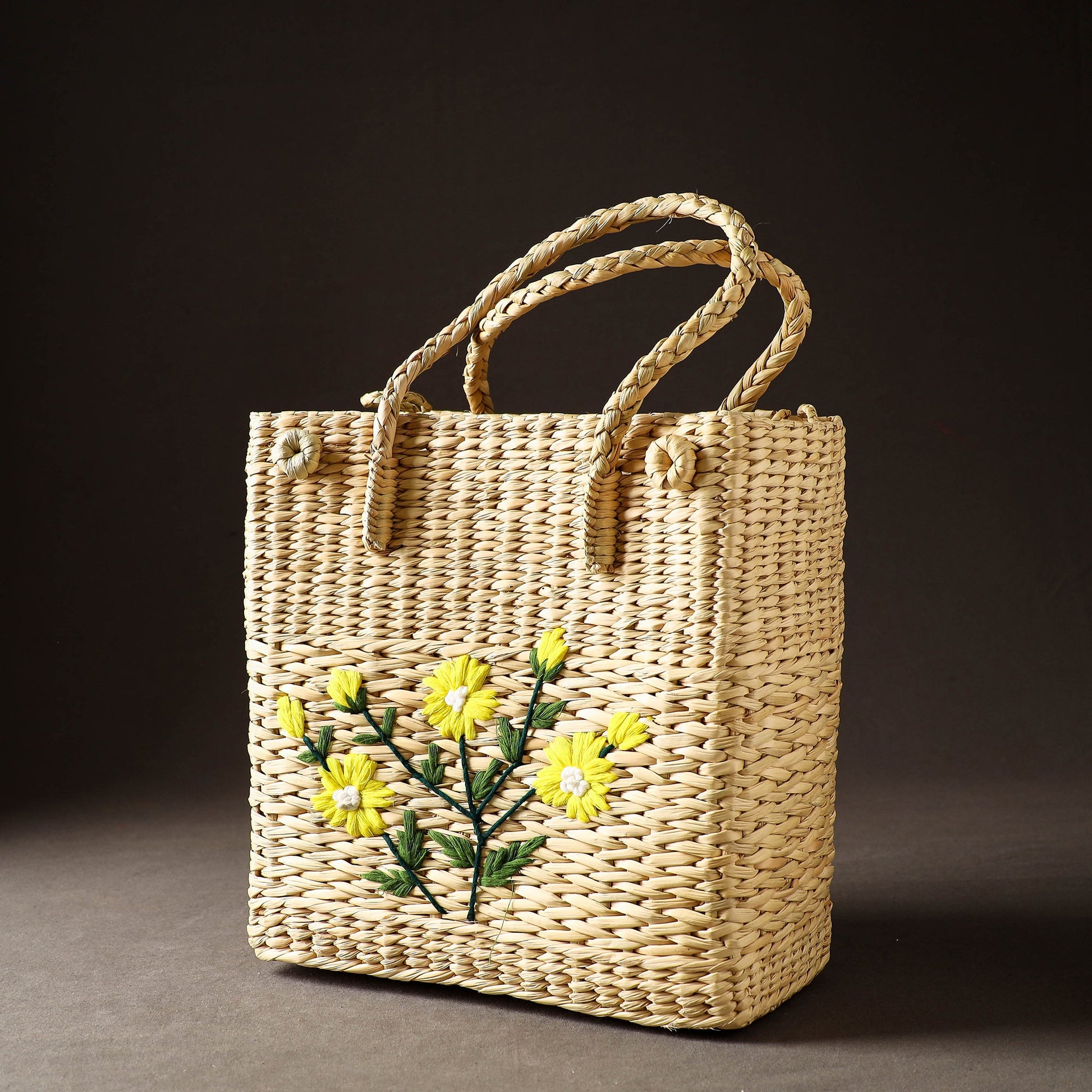 Beige - Handcrafted Natural Water Reed Embroidered Shopping Bag