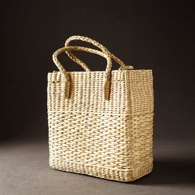 Beige - Handcrafted Natural Water Reed Embroidered Shopping Bag