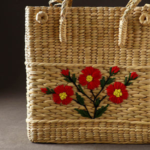 Beige - Handcrafted Natural Water Reed Embroidered Shopping Bag