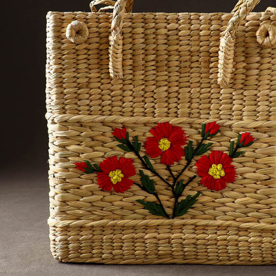 Beige - Handcrafted Natural Water Reed Embroidered Shopping Bag