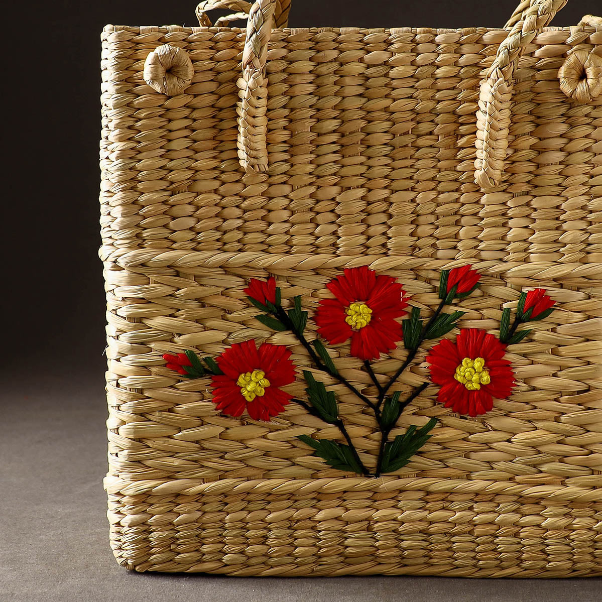 Beige - Handcrafted Natural Water Reed Embroidered Shopping Bag