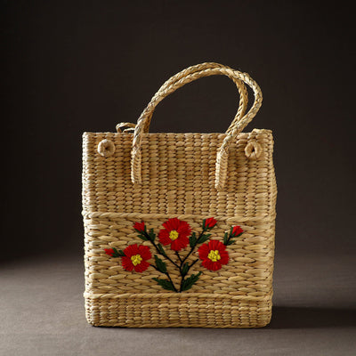 Beige - Handcrafted Natural Water Reed Embroidered Shopping Bag