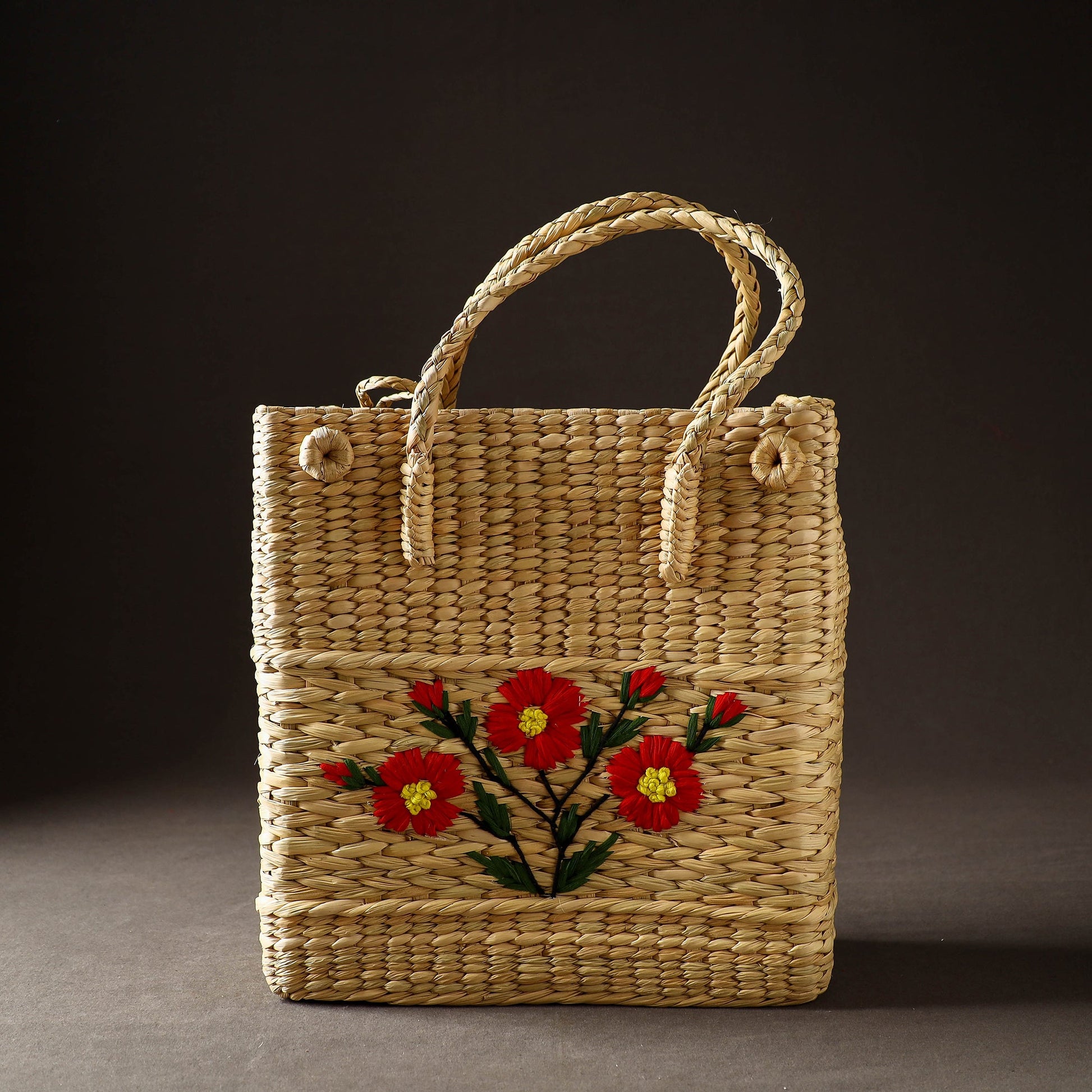 Beige - Handcrafted Natural Water Reed Embroidered Shopping Bag