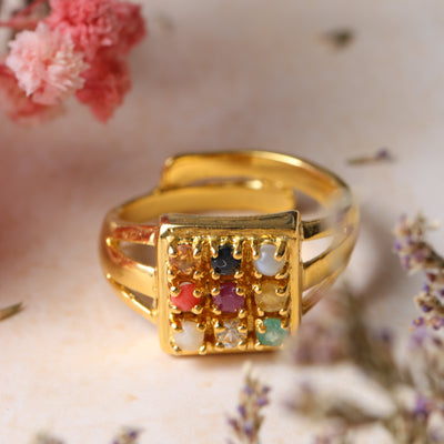 Studio Vaidik Navratan Ring Ruby (Manik), Emerald (Panna), Blue Sapphire (Neelam), Yellow Sapphire (Pukhraj), Pearl (Moti), Zircon Diamond (Heera)(cz- cubic zirconia), Red Coral (Moonga), Hessonite (Gomed), and Cat's Eye (Lehsunia)