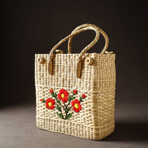 Beige - Handcrafted Natural Water Reed Embroidered Shopping Bag