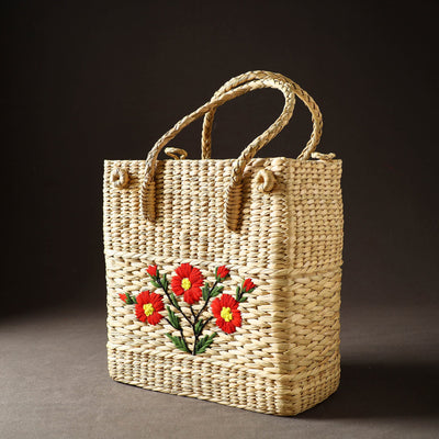 Beige - Handcrafted Natural Water Reed Embroidered Shopping Bag