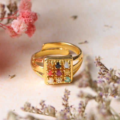 Studio Vaidik Navratan Ring Ruby (Manik), Emerald (Panna), Blue Sapphire (Neelam), Yellow Sapphire (Pukhraj), Pearl (Moti), Zircon Diamond (Heera)(cz- cubic zirconia), Red Coral (Moonga), Hessonite (Gomed), and Cat's Eye (Lehsunia)