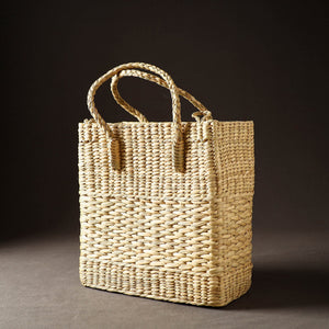 Beige - Handcrafted Natural Water Reed Embroidered Shopping Bag