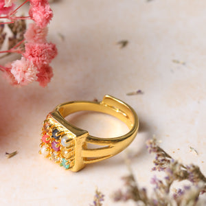 Studio Vaidik Navratan Ring Ruby (Manik), Emerald (Panna), Blue Sapphire (Neelam), Yellow Sapphire (Pukhraj), Pearl (Moti), Zircon Diamond (Heera)(cz- cubic zirconia), Red Coral (Moonga), Hessonite (Gomed), and Cat's Eye (Lehsunia)