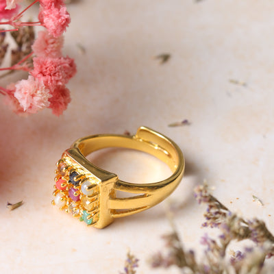 Studio Vaidik Navratan Ring Ruby (Manik), Emerald (Panna), Blue Sapphire (Neelam), Yellow Sapphire (Pukhraj), Pearl (Moti), Zircon Diamond (Heera)(cz- cubic zirconia), Red Coral (Moonga), Hessonite (Gomed), and Cat's Eye (Lehsunia)
