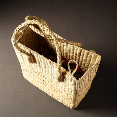 Beige - Handcrafted Natural Water Reed Embroidered Shopping Bag